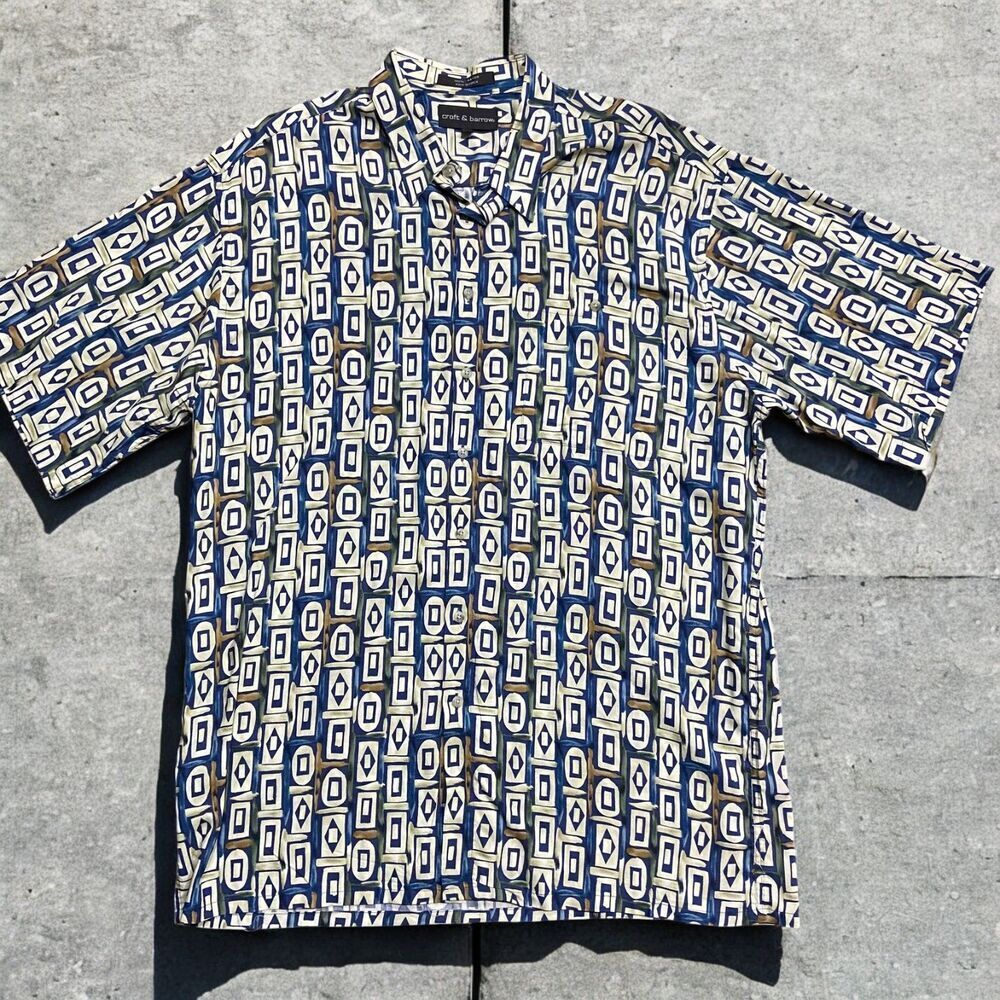 Croft & Barrow Vintage Geometric Blue Cream Button Down Rayon Shirt Men's XLT